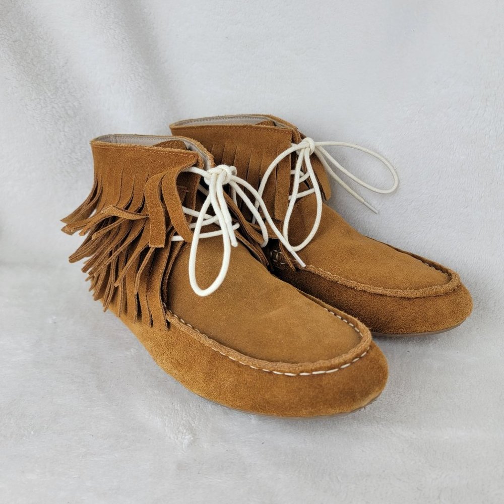 Monkey Feet Tan Suede Triple Fringe Lace Up Ankle Bootie Size EU 41 US 8.5
